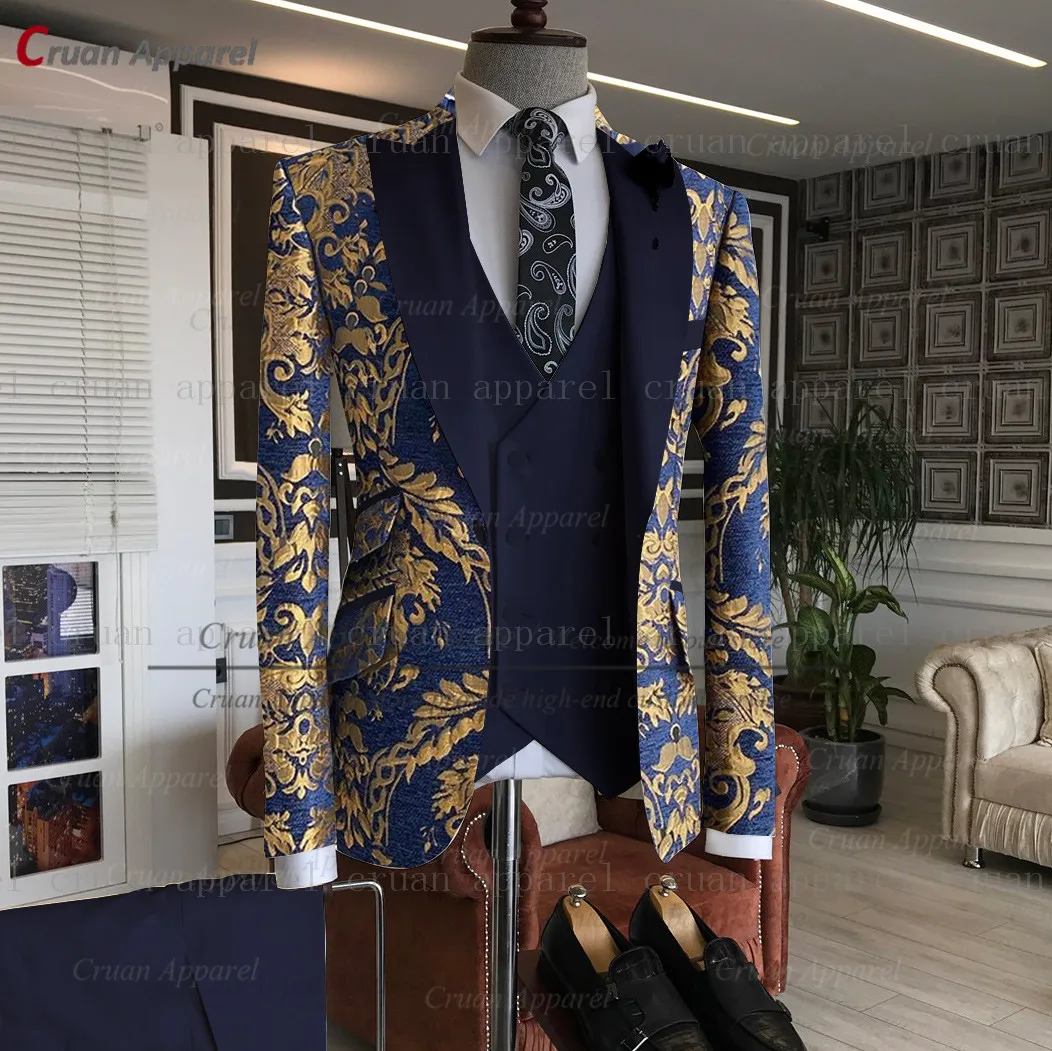 Gold Floral Printing Suit Mens Slim Fit Custom Made Luxury Wedding Groomsman Groom Suit Velvet Shawl Lapel Blazer Vest Pants Set