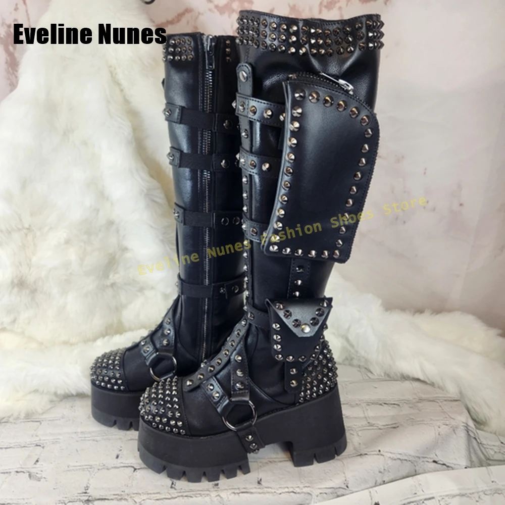 Pocket Decoration Studded Knee High Boots Round Toe Chunky Heels Platform Belt Buckle Punk Club Zipper Closure Motorcycle Boots