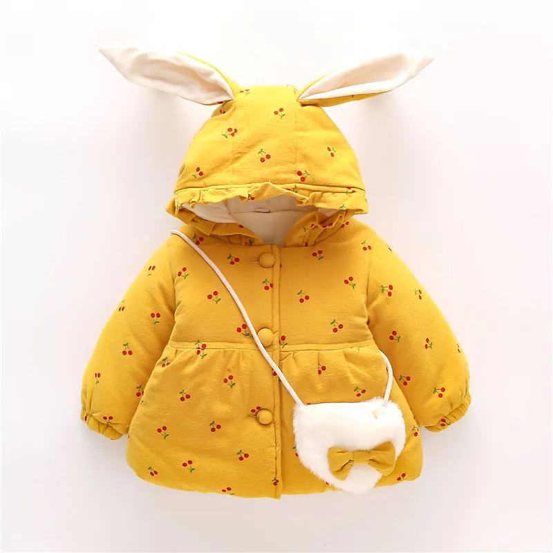 Winter Girls\' Cotton Clothes New Children\'s Clothing Sweet Solid Cherry Print Cotton Clothes Cute Rabbit Ear Hooded