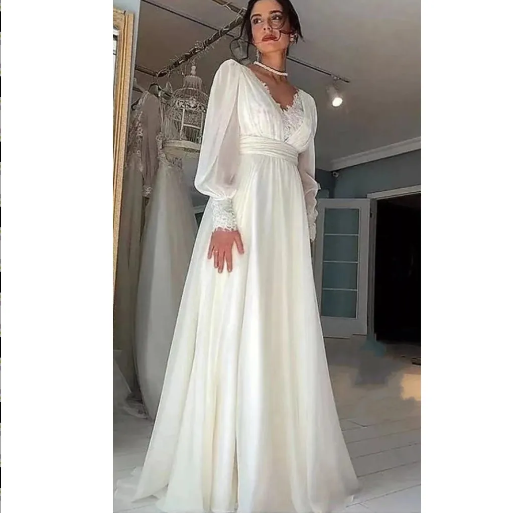 

Chiffon Lace Wedding Dress Long Bishop Sleeves Boho A Line Bridal Formal Gowns V-Back Simple Beach LB246144