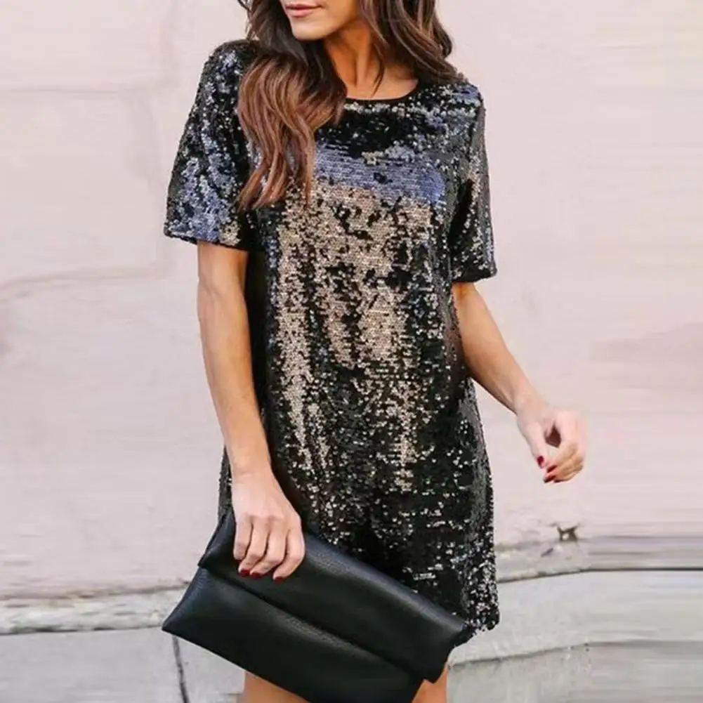 Women's Summer Sequin Midi Dress Casual Crew Neck Short Sleeve T-shirt Dress Sparkly Lose-fit Medium-length Cocktail Party Dress