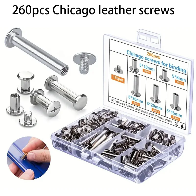 260pcs Chicago Leather Screws Assortment Set - 5 Sizes Binding Rivets for Leathercraft, Bookbinding & Scrapbooking