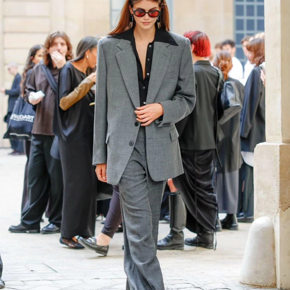 Women's Contrast Black Collar Oversized Gray Blazer & Pants Set Single Breasted Office Formal Casual Loose Fit 2 Piece Suit