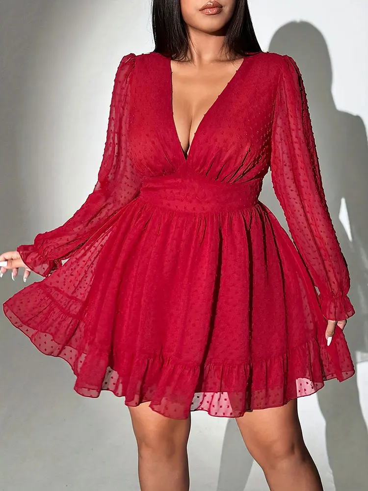 Nuevo Vestido corto Sexy con cuello en V de talla grande, falda acampanada ajustada americana de manga larga con lunares lisos, vestido de noche elegante para fiesta para mujer