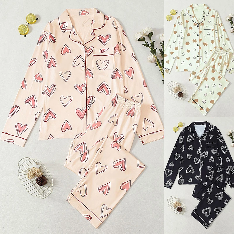 

New Style Women's Lapel Button Cardigan With Heart-Shaped Print Long-Sleeved Long Pants Pajamas Home Wear Set For Women