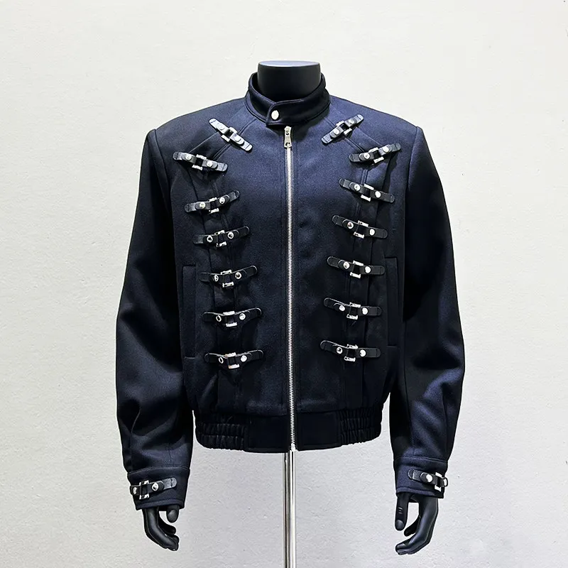 Men's Punk Stand Collar Biker Jacket with Heavy Metal Buckles and Zip Front for Industrial Style and Underground Club Outfits