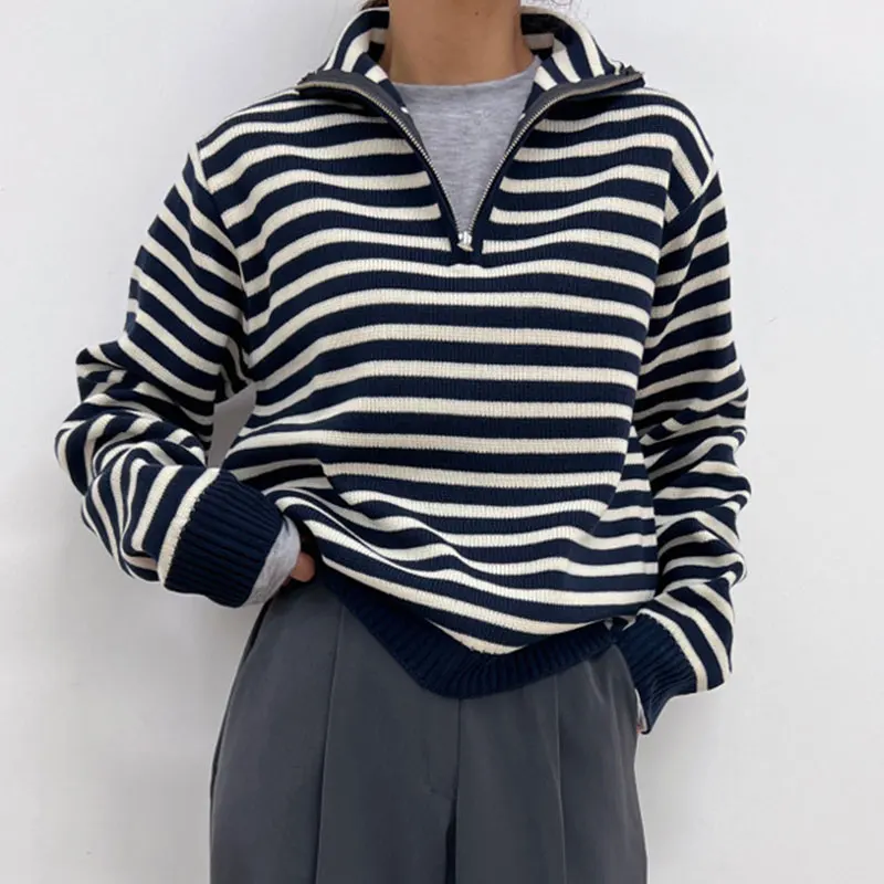 Retro Chic Herbst Winter Lange Sve Ne Gestrickte Pullover Casual Gestreiften Tapisserie Lose Fit frauen Faion Casual Wear