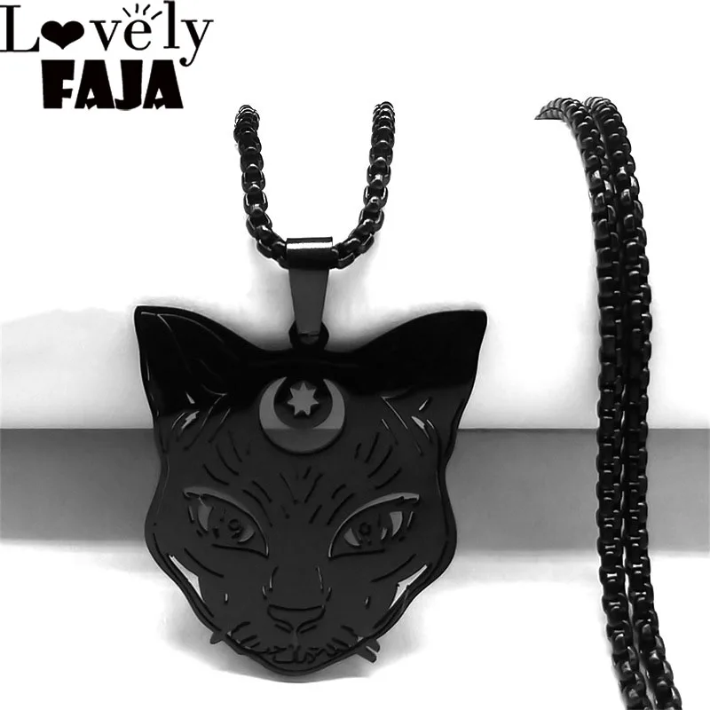 Goth Wicca Cat Moon Star Hollow Pendant Necklace Women Black Color Heptagram Witchcraft Stainless Steel Necklaces Jewelry N8574