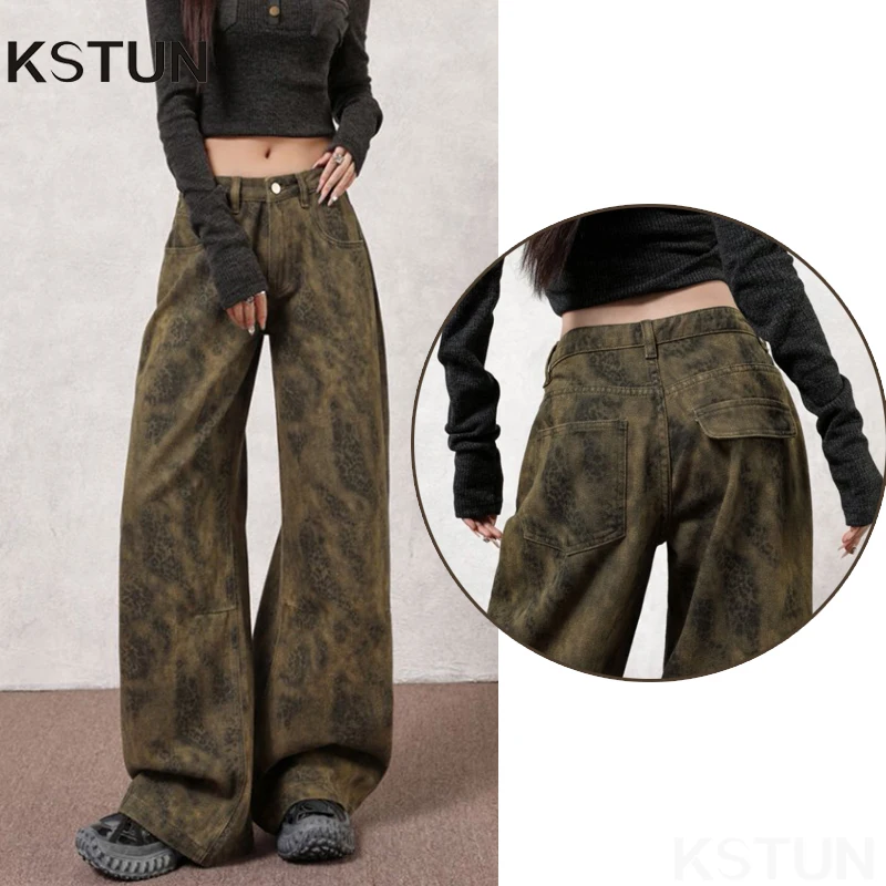 

KSTUN 2026, джинсы с леопардовым принтом, женские джинсовые брюки с низкой талией, уличная одежда, джинсы в уникальном стиле, прямые брюки, модные карманы