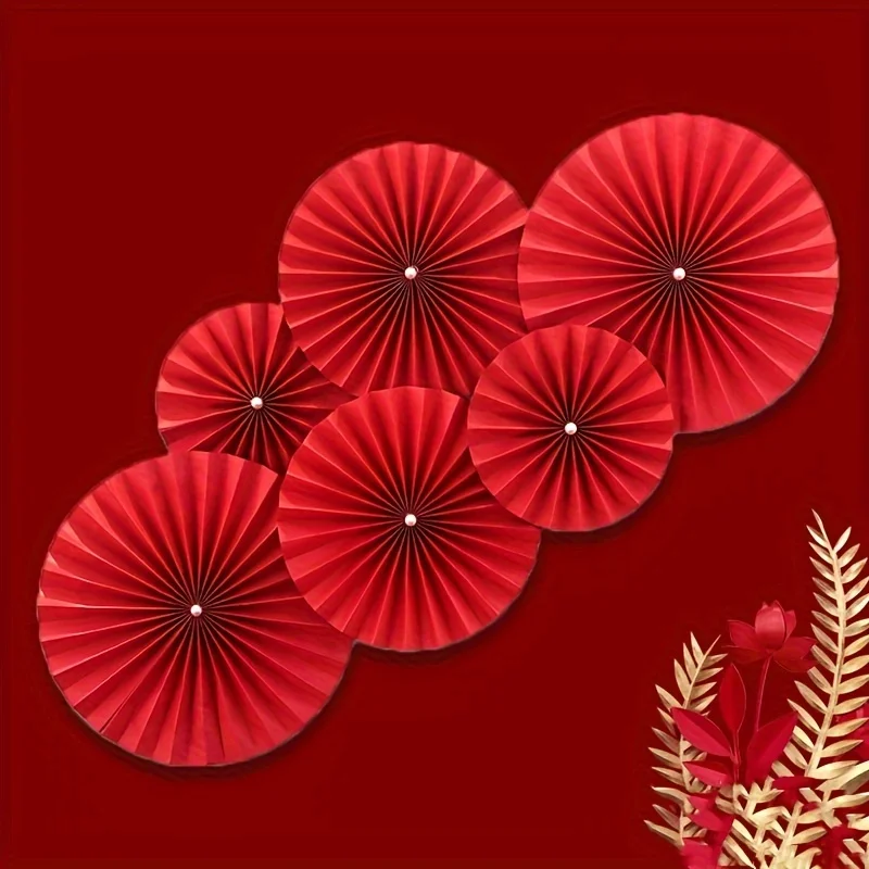 12 Stück – Party-Taschentuch-Pom-Pom, runde rote Papier-Fächer-Dekorationen, Tischdekorationen, chinesische Neujahrsdekorationen, Wanddekoration – Detail 1
