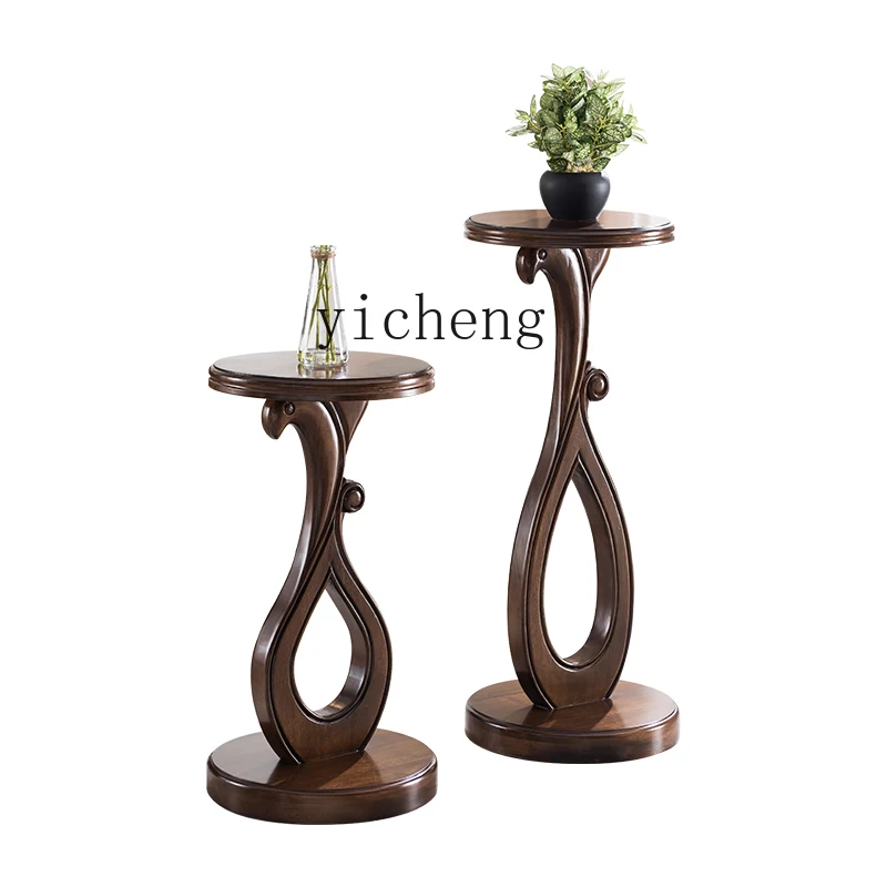 TQH All solid wood flower stand Living room round dill bonsai stand Flower table Floor pot Plant flower stand