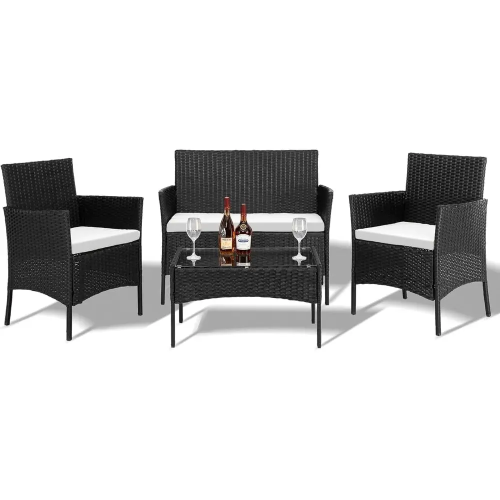 4-Piece Outdoor Patio Furniture Set: Black Rattan Loveseat with Cushions and Glass Table for Garden, Balcony, or Poolside