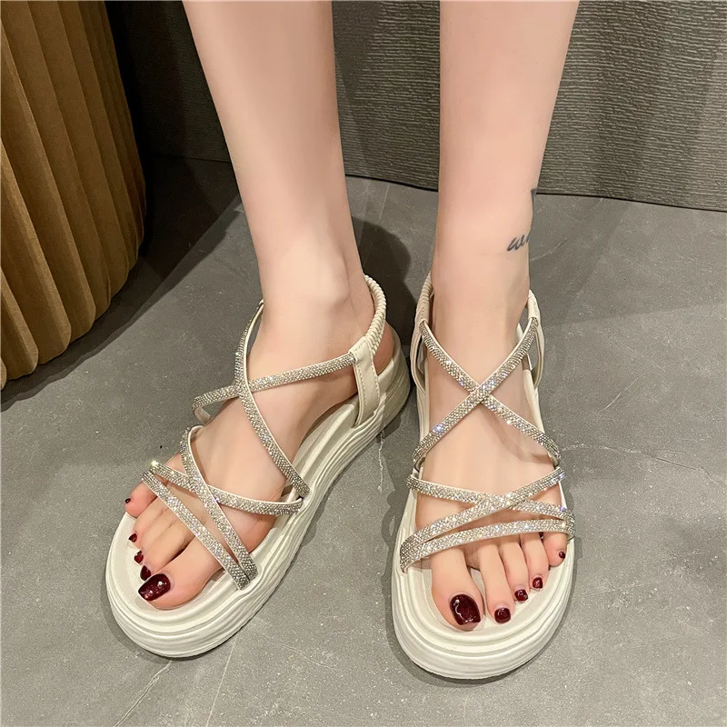 Soft 2024 Sandals Female Shoe Clogs With Heel Med All-Match New Girls Fashion Thick Beige Medium Summer Rhinestone Comfort Solid