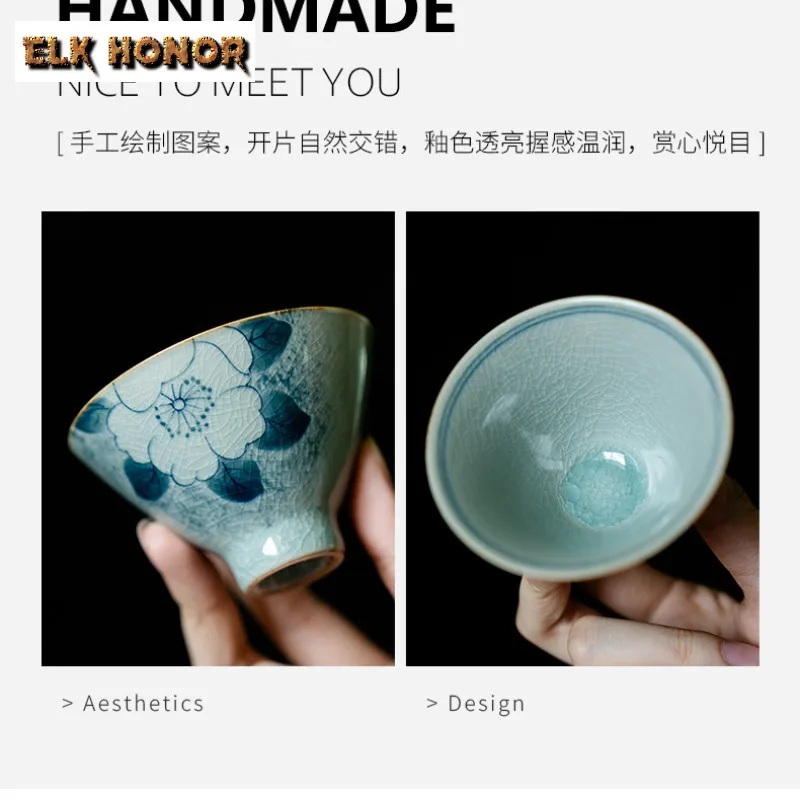 80 مللي النقي رسمت باليد كوب شاي بالأعشاب المزهرة الجليد الكراك الصقيل كوب رئيسي وعاء الشاي الشخصي المرأة تذوق مخروط كوب الكونغ فو Teaware 1 قطعة