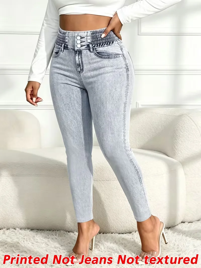 Women Printed Leggings Not Denim Fabric, Fake Pocket & Button Print Design Pants, High Elastic Fashion Slim Fit Skinny Casual