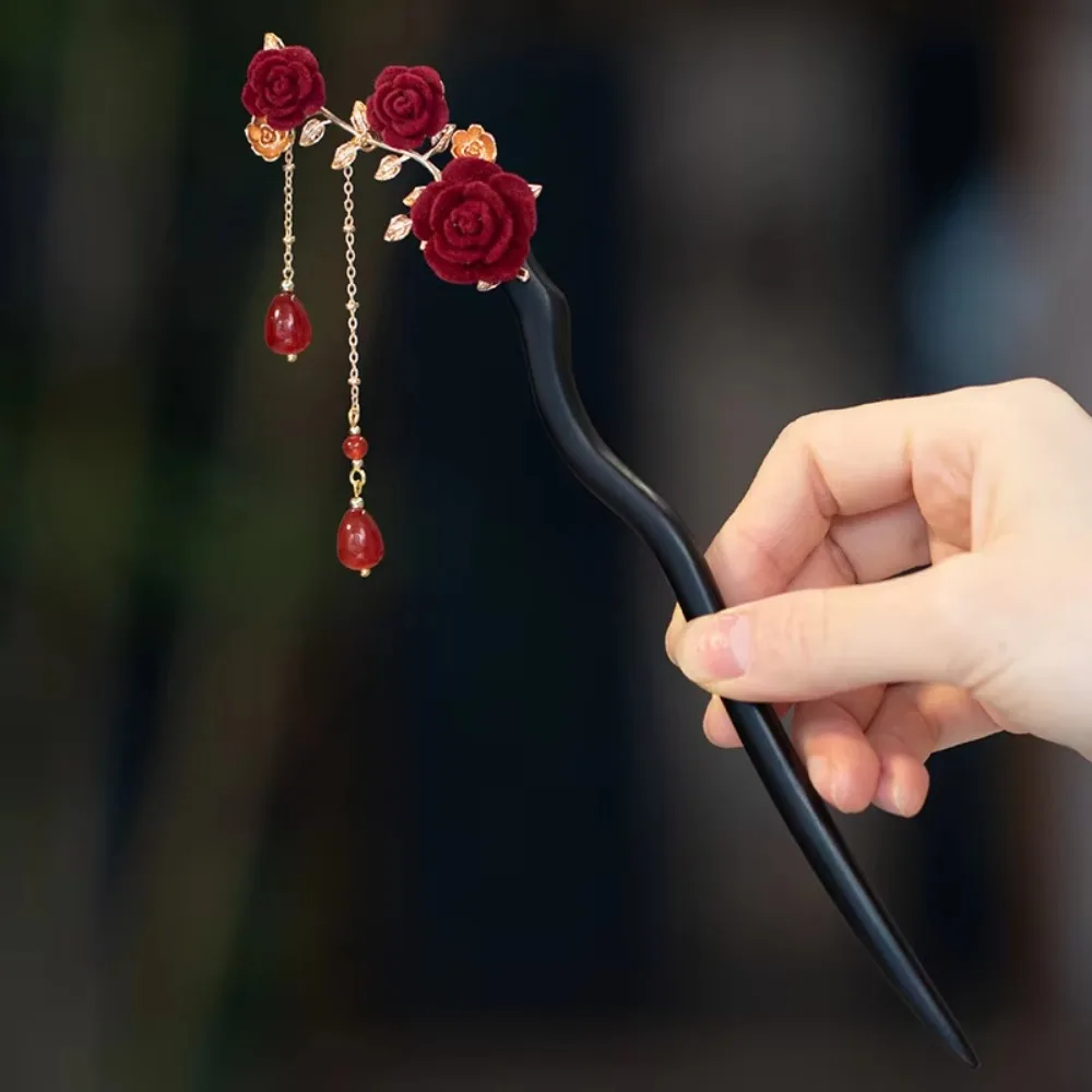 Hairpin Chopstick Red Rose Chinese Hair Stick Ancient Style Handmade Flower Hair Forks Retro Wooden Vintage Hairpin Wedding