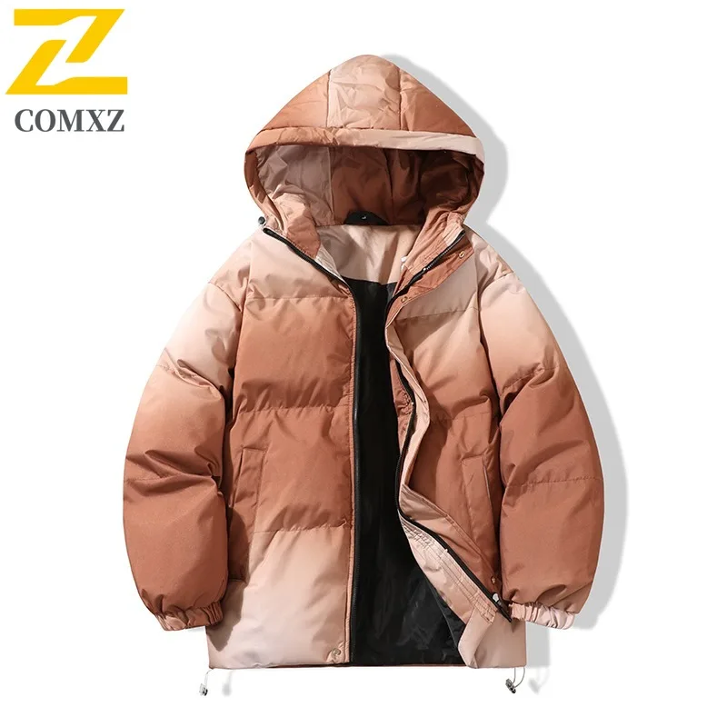 COMXZ 2025 Winter Men's Gradient Hooded Parka Coat Loose Fit Plus Size Thickened Streetwear Trendy Unisex Top Outwear