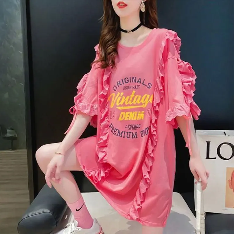 Commute Korean Letter Printed T-shirt Female Clothing Fashion Lace Patchwork Short Sleeve Summer Casual Loose O-Neck Pullovers