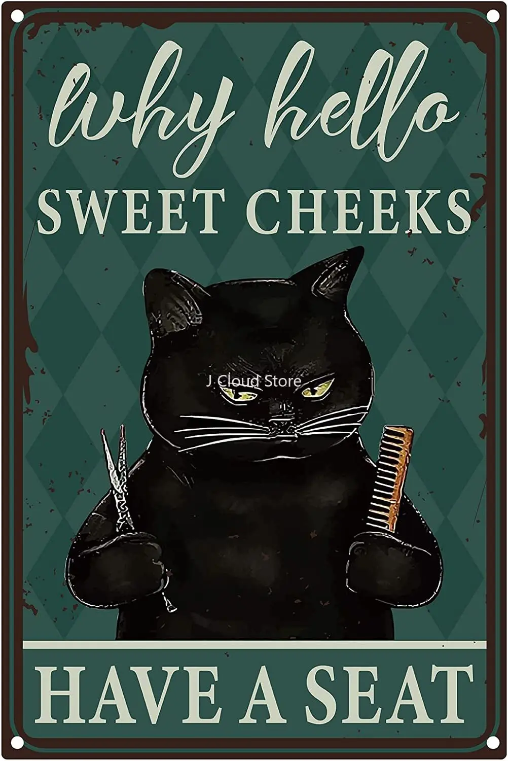 Cat Barber Metal Tin Sign Sweet Cheeks Have A Seat Vintage Tin Sign Funny Hanging Poster Sign Decor for Barbershop