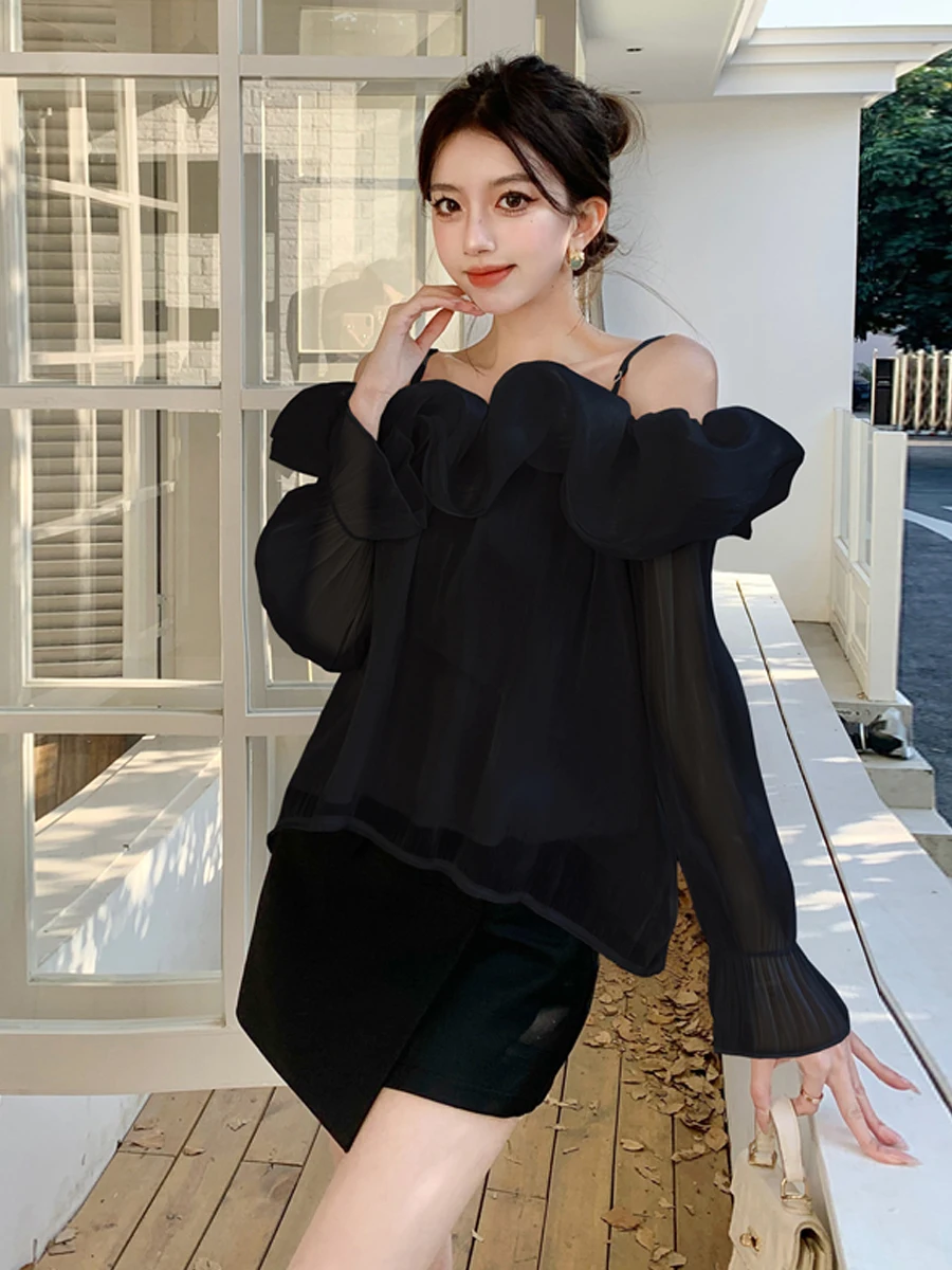 Elegant Long Sleeve Chiffon Blouse with Lace Trim One Shoulder Design Loose Fit Slimming Versatile Women's Daily Wear Top