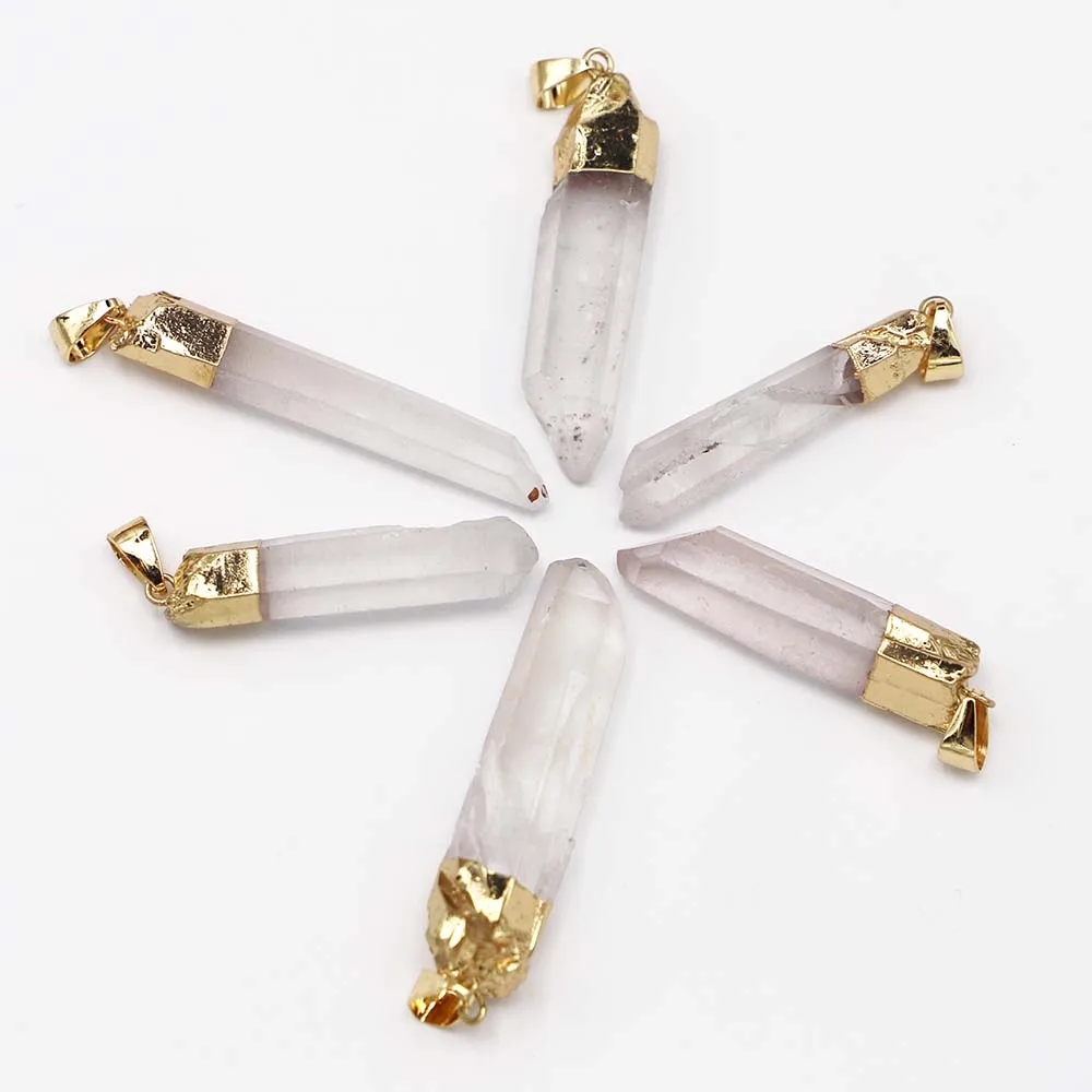 Trendy Natural Stone Clear Crystal Quartz Gold Plating Pendant Charms Raw Ore for Women Necklace Jewelry Making 6pcs Wholesale