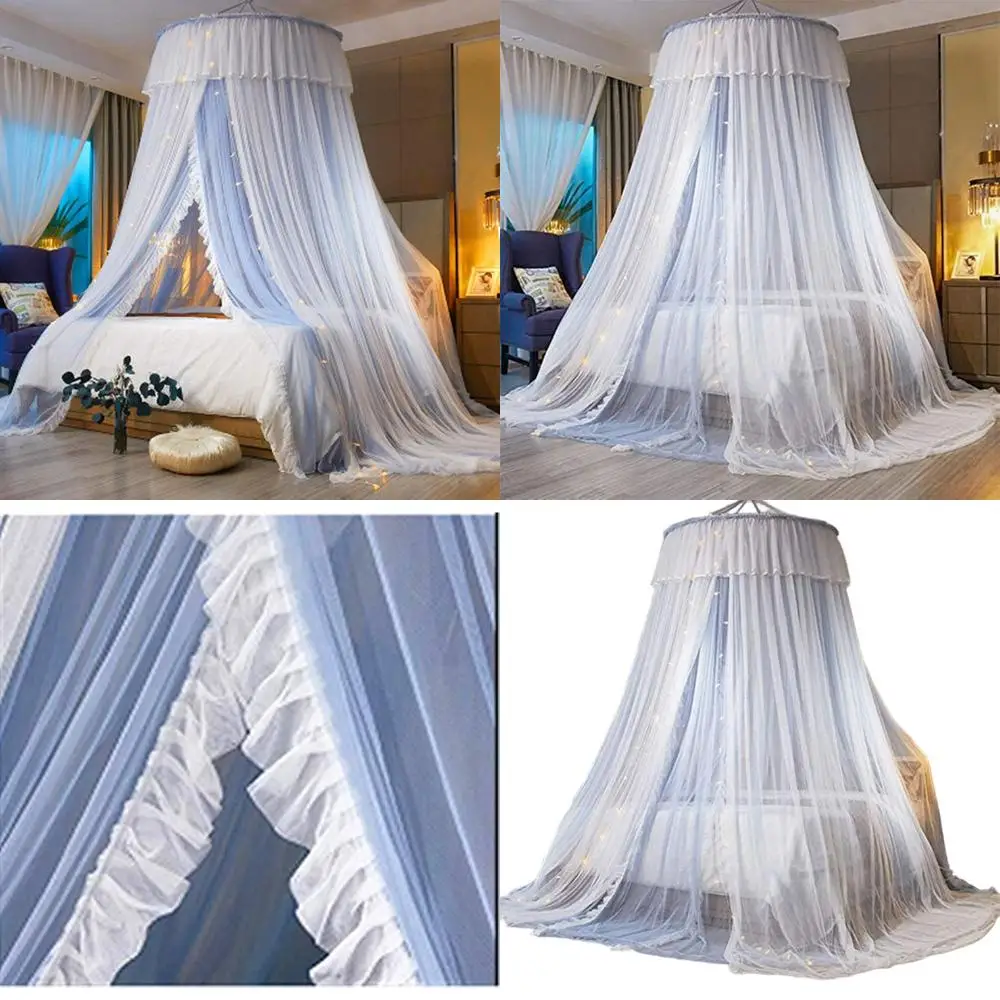 

Двухслойный сетчатый купол-балдахин для кровати с круглым кружевом и светодиодными звездами для девочек (светло-серый/белый)