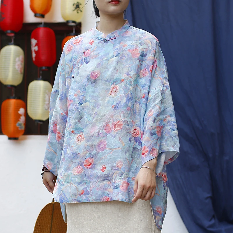

Oversized Women Casual Linen Shirt New Arrival 2025 Summer Chinese Style Vintage Floral Print Loose Female Tops Shirts M1682