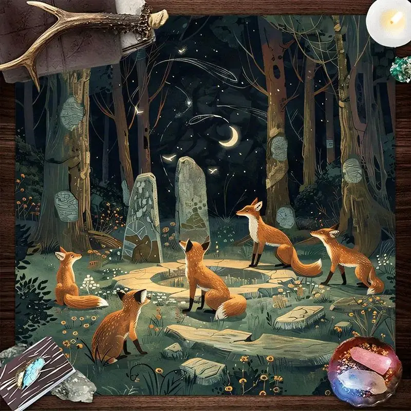 Tarot Altar Cloth Night Forest Fox Crescent Moon Stone Circle Witch Divination Mat for Wicca Spiritual Tarot Reading Table Decor