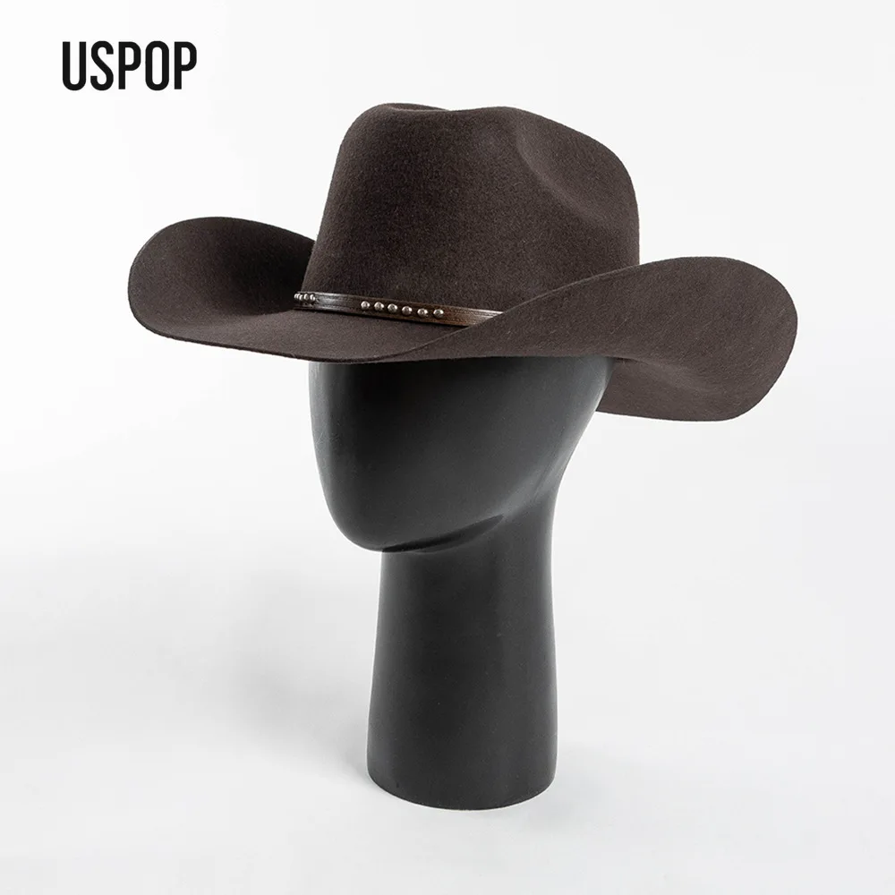 

USPOP Autumn Winter Western Cowboy Hat Unisex Casual Studded Wool Felt Hat with Belt Large Size Fedora Available in Sizes S-XL