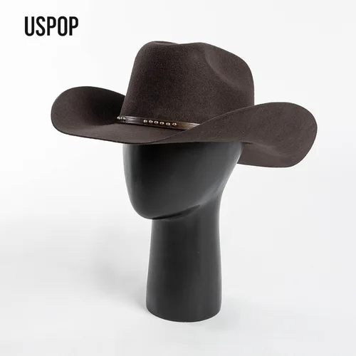 USPOP Otoño Invierno sombrero de vaquero occidental Unisex Casual tachonado sombrero de fieltro de lana con cinturón Fedora de gran tamaño disponible en tallas S-XL