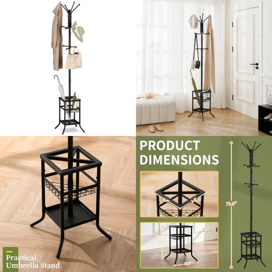 

Coat Rack Freestanding - Coat Tree with Umbrella Holder, Metal Coat Rack Stand with 12 Hooks, Modern Coat Hanger Stand for Entr