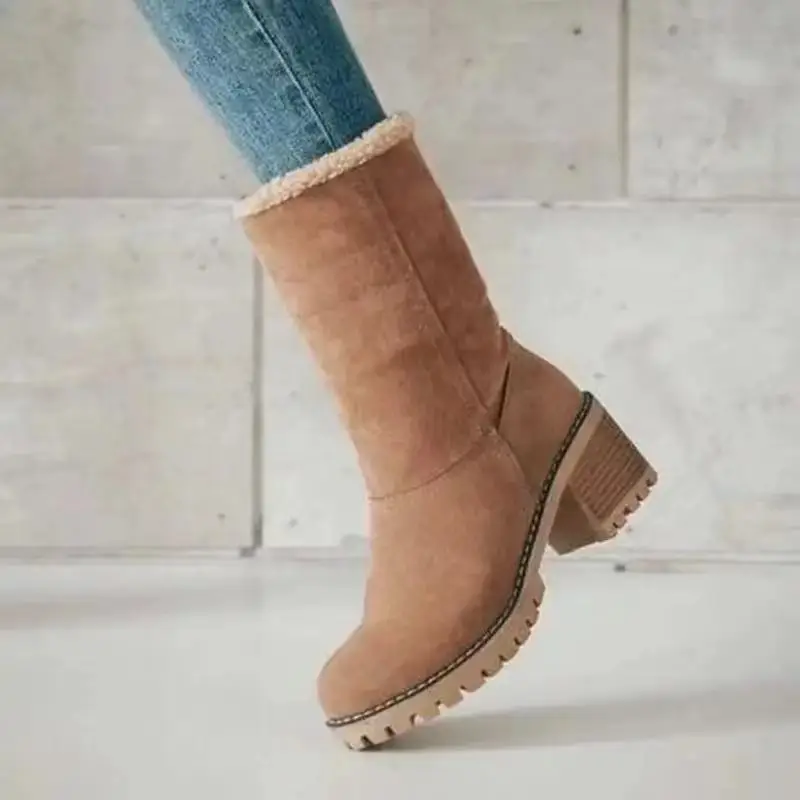 2024 Autumn and Winter Fashion New Casual Comfortable Plus Velvet Warm Square Heel Round Toe Solid Color Women's  Ankle Boots