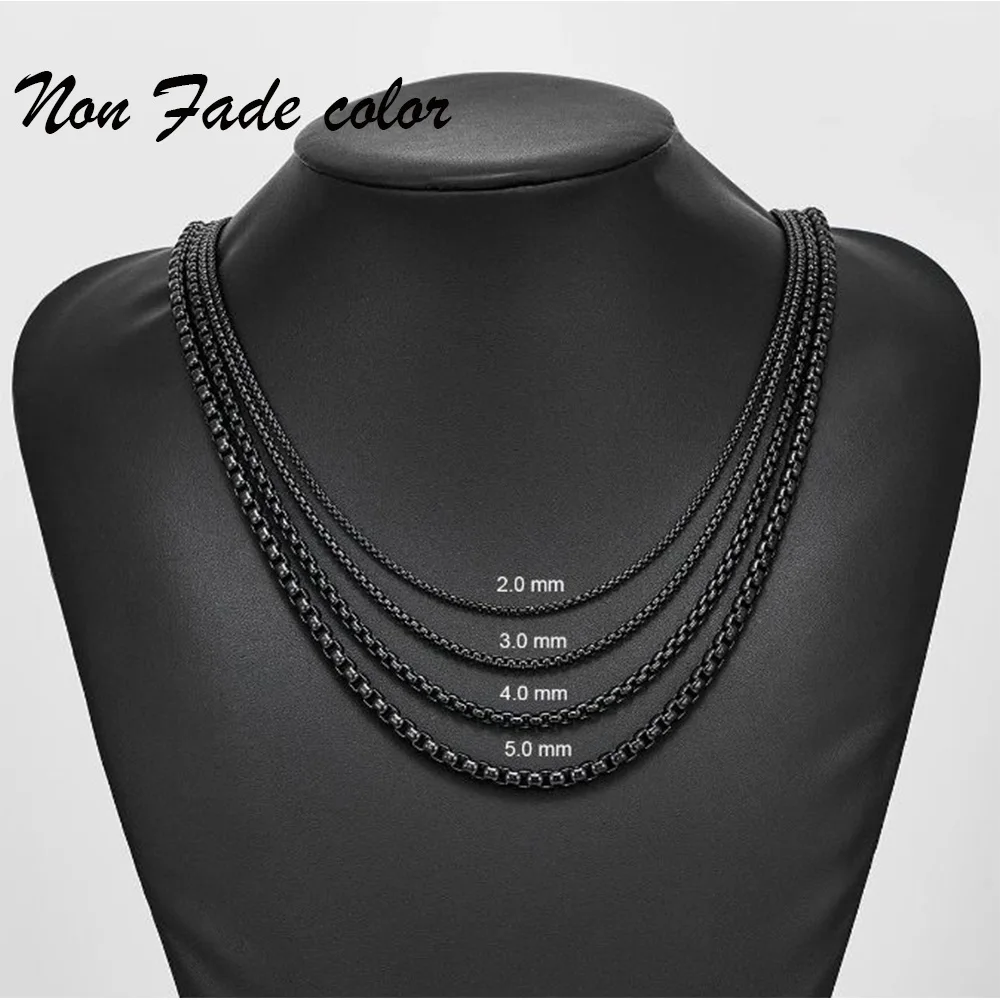 Collar de cadena Rolo de perlas de 3mm, 4mm y 5mm, cadena Rolo cuadrada con acero inoxidable que nunca se decolora, cadena de caja redonda para hombres y mujeres