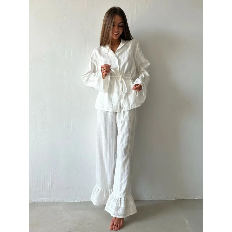 

Casual Women Nightgown 2 Piece Suit Long Sleeve Nightwear Turn-Down Collar Sleepwear Pants Loose Home Clothes Ladies