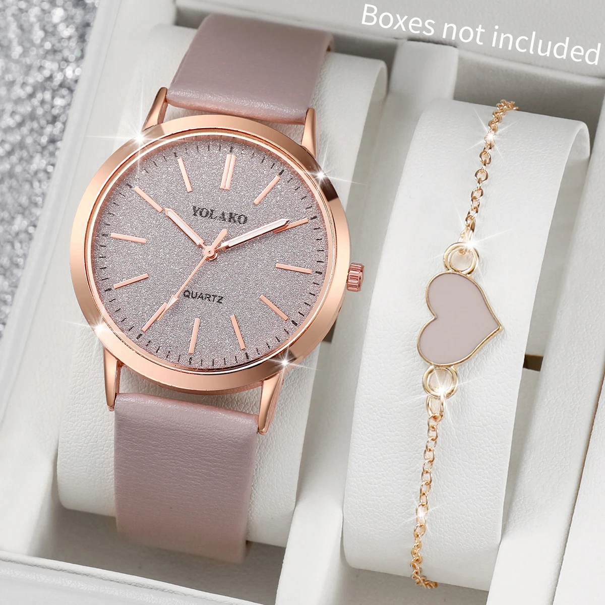 2PCS/Set Fashion Women Watches Casual Leather Strap Ladies Quartz Wristwatch Heart Bracelet Set Reloj Mujer (Without Box)