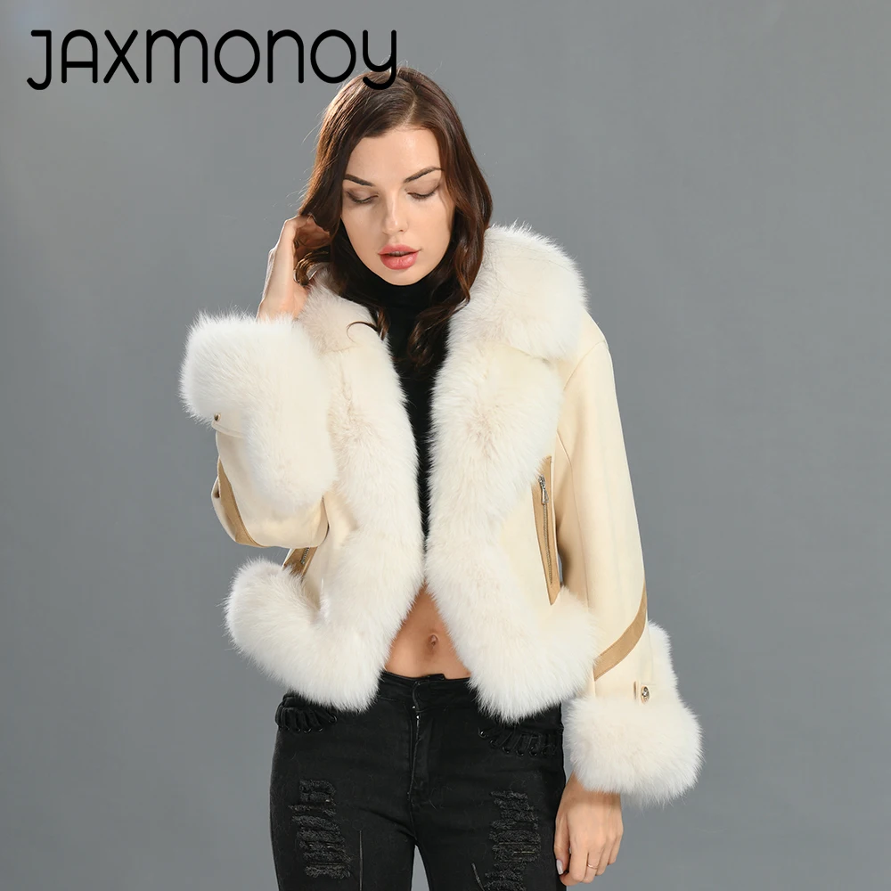 Jaxmonoy-Chaqueta de plumas de ganso para mujer, chaqueta acolchada corta con adorno de piel de zorro Natural, abrigos gruesos y cálidos para mujer, novedad de 2024