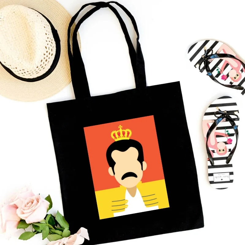 Freddie Mercury The Queen Band Graphic Rock Foldable Reusable Shopper Harajuku Style Bag Black Student Tote Bag Storage Bags