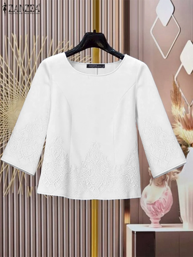 

ZANZEA Womens Elegant Lace Patchwork Blouses Casual O-Neck Three Quarter Sleeve Solid Color Tops Autumn Woman Clothing S-3XL