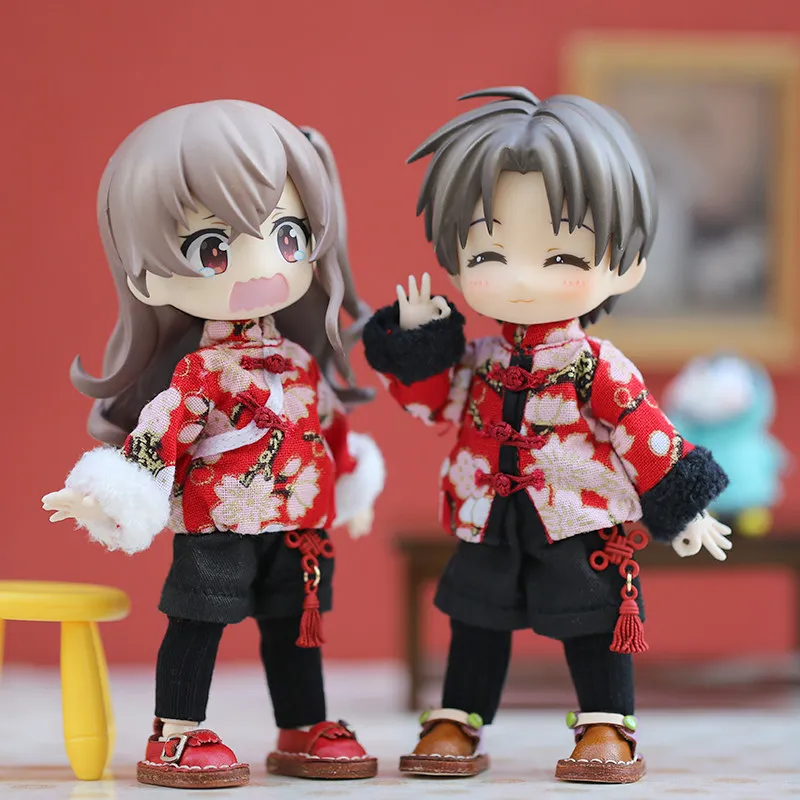 1/12 OB11 Doll Clothes Chinese New Year Tang Suit Set - Red Traditional Jacket + Black Pants with Chinese Knot for Nendoroid YMY view 5