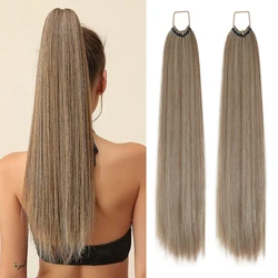 Extensões de cabelo sintético para mulheres, rabo de cavalo reto longo, caudas falsas, peruca falsa, branca e preta, 24 polegadas