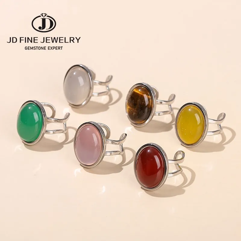 JD Natural Stone Red Agate Oval Shape Stainless Steel Open Rings Women Men Vintage Adjustable Big Cabochon Silver Color Ring