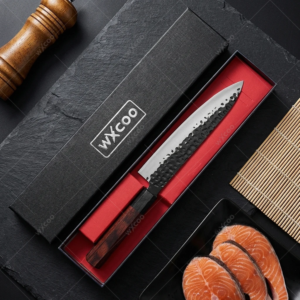 

WXCOO Red Wood Handle 7.8 Inches Chef Knife 3 Layers Composite Steel Fish Sashimi Knife High Quality Meat Cleaver with Gift Box