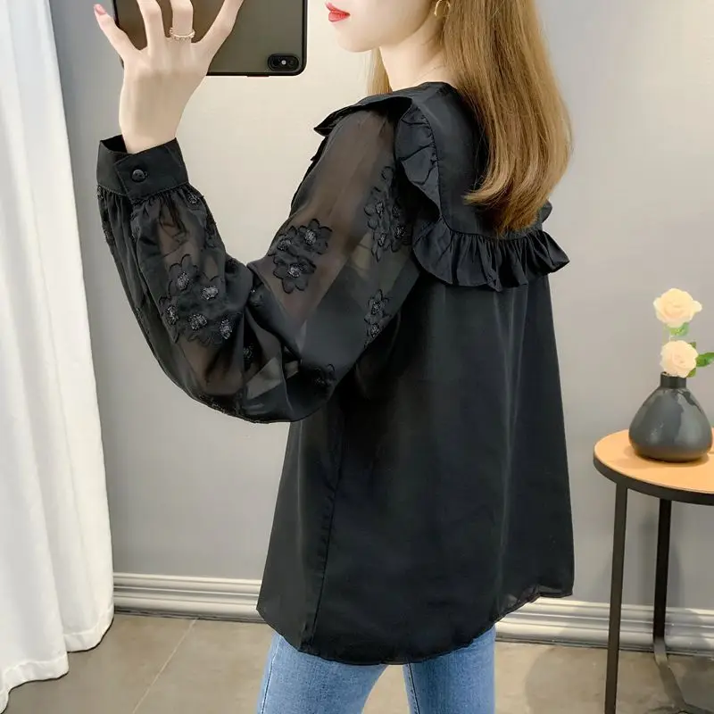 Elegant Solid Color Spliced Loose Lace Ruffles Blouse Women\'s Clothing 2023 Spring New Oversized Casual Pullovers Commute Shirt