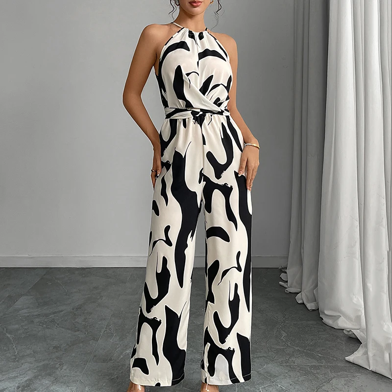 

Suspender Milk Pattern Laceup Neck Jumpsuit Zebra Striped Low Waist Long Pants Polyester Women's Suiting Jumpsuits Spring Season