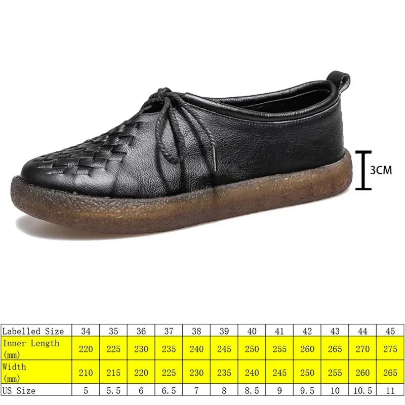 Koznoy 3cm New Ethnic Retro Manual Checkered Weave Genuine Leather Lace Up Summer Women Flats Loafers Soft Plus Size Comfy Shoes