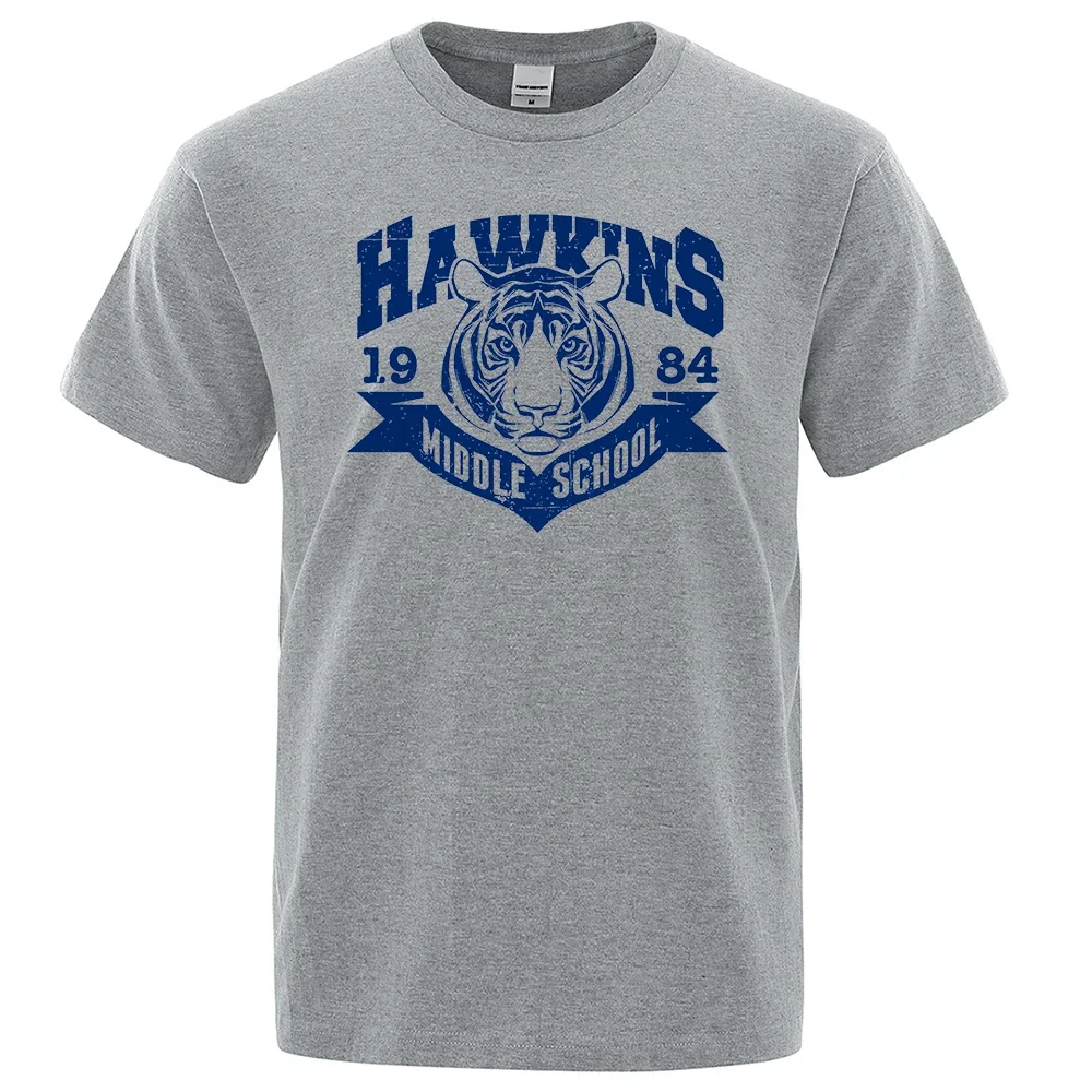 Hawkins Middle School Tigers Funny Printed T-Shirts For Men Loose Cotton Clothing O-Neck Breathable Oversize Short Sleeve Tshirt