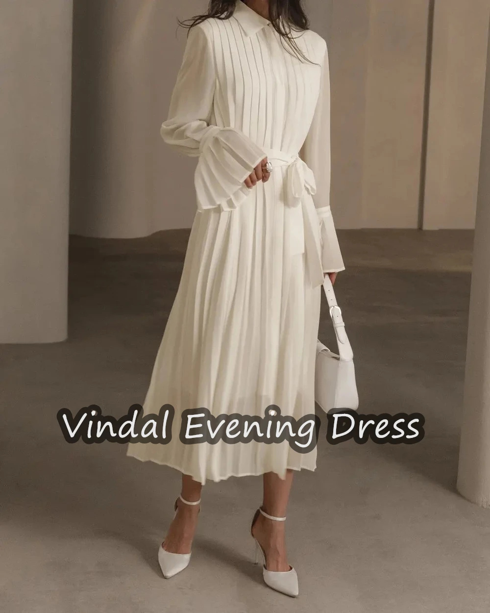 Vindal Scoop Neckline A-Line Evening Dress Tea Length Chiffon Elegant Built-in Bra Saudi Arabia Long Sleeves For Woman 2024