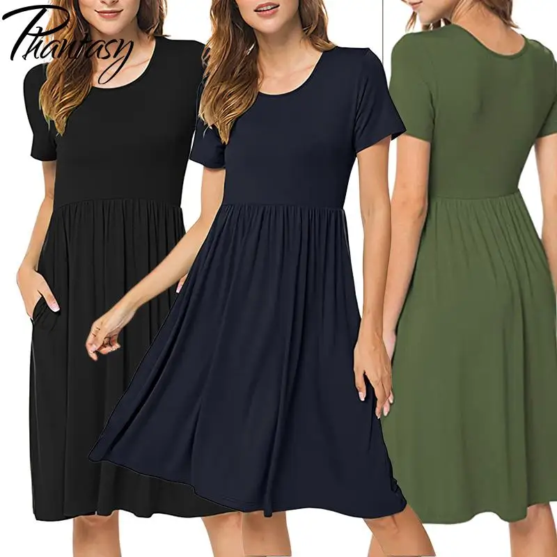 

Phantasy Summer Dress Women Short Sleeved Pocket Dress Drooping Folds Casual Gown Solid Lady Office Dress Female Outfits