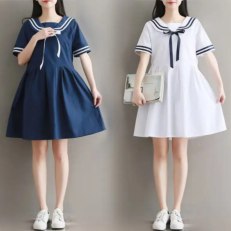 2025 Autumn Summer New Women\'s Dress Female Cotton-Line Sailor Collar College Sweet Striped Pure Girls Dress