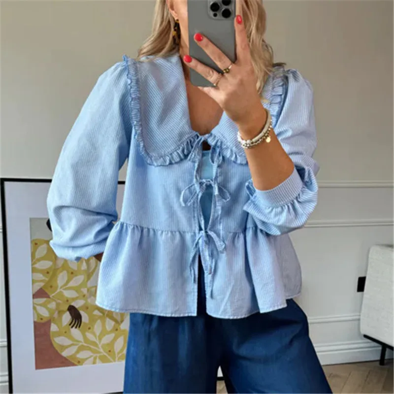 hirigin Women Puff Sleeve Peplum Shirts Tie Front Ruffle Babydoll Blouse Tops Teen Girls Lace up Cute Oversized Y2K Tops